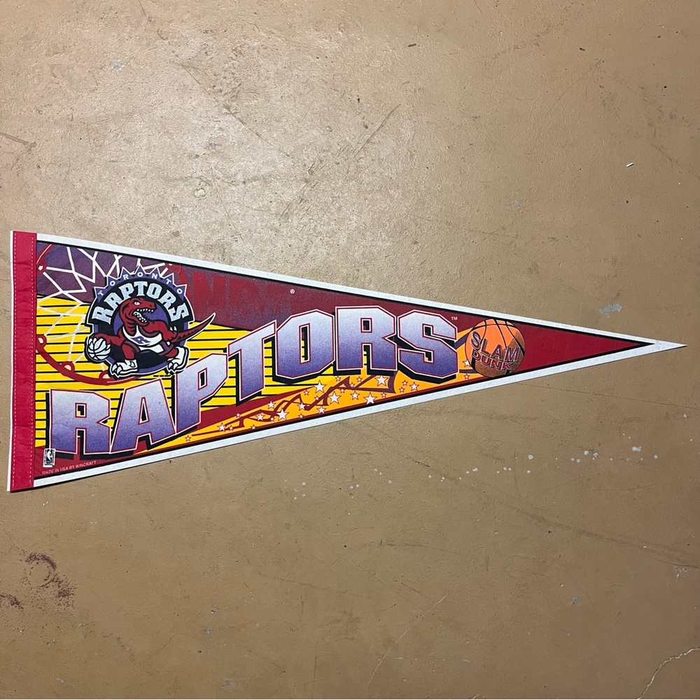 Vintage 1994 Raptors Red and Purple Pennant Flag Made in USA 31x11.5